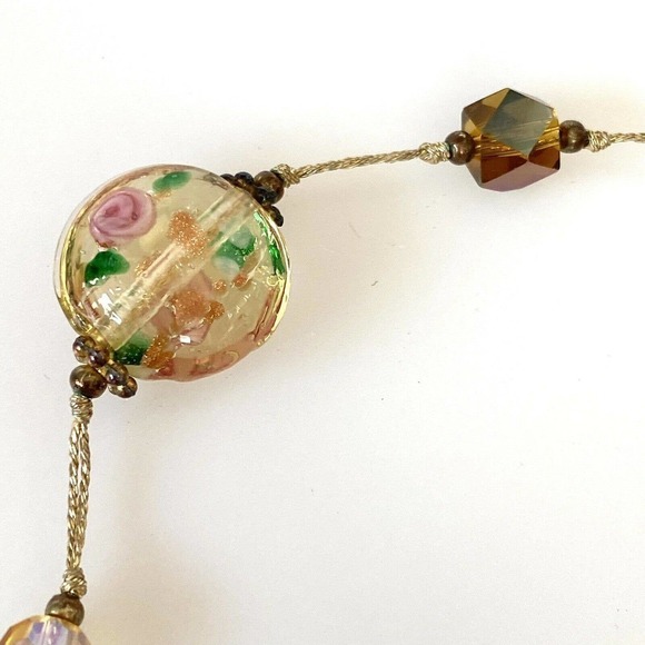 Necklace Amber Floral Lampwork Glass Beaded Necklace Pretty Bohemian Chic 30” - Picture 7 of 12